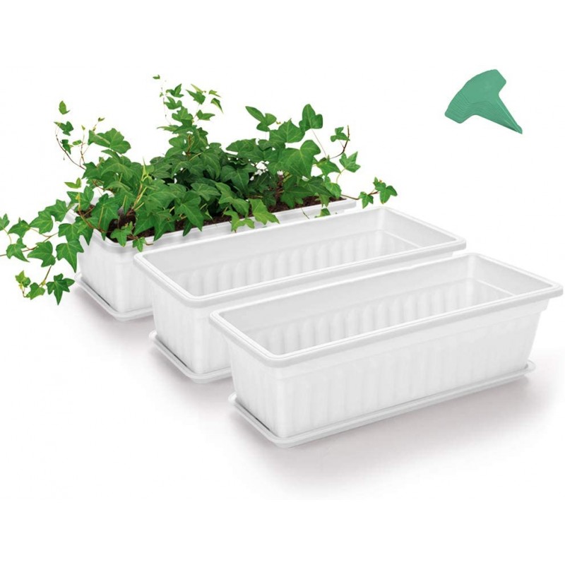 Mighty Rock White Flower Window Box Plastic Vegetable Planters with Plant Labels, for Windowsill, Patio, Garden, Home Décor, Porch